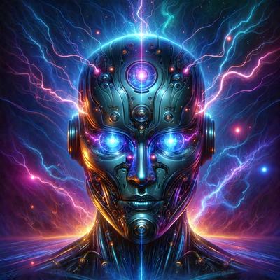 The primary subject of the image is a futuristic robot with a metallic head and blue eyes. The robot is surrounded by a vibrant and colorful background, which includes a mix of purple, blue, and orange hues. The visual style of the image is digital art, as it appears to be a computer-generated or digitally rendered creation. The overall atmosphere of the image is one of advanced technology and futuristic design.